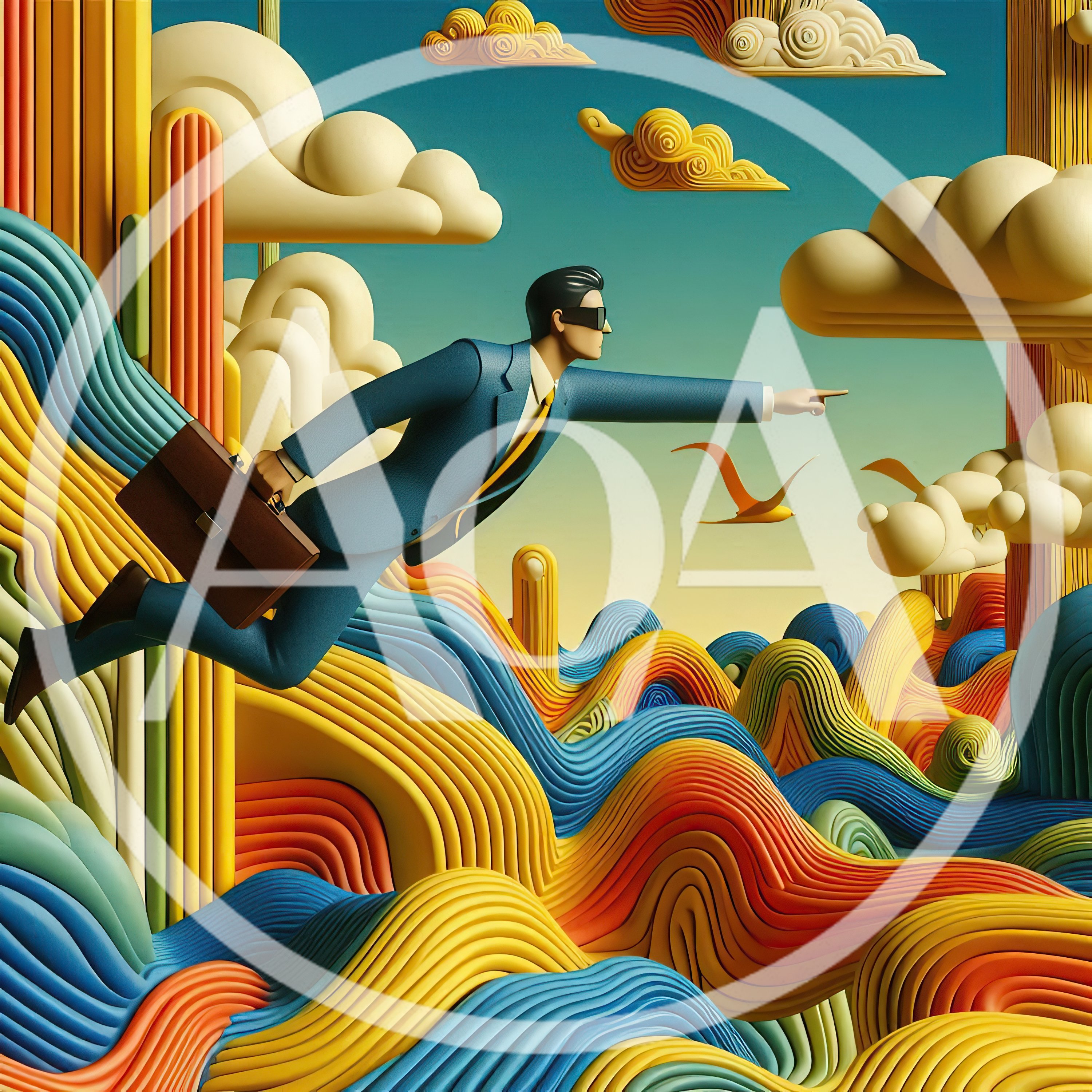 Businessman Flying Over Surreal Abstract Landscape