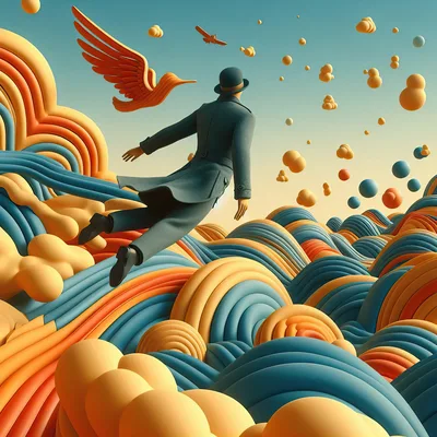 Surreal Man Floating Over Abstract Colorful Landscape