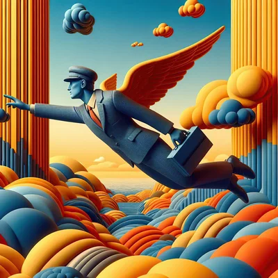 Surreal Businessman With Wings Flying Through Abstract Landscape