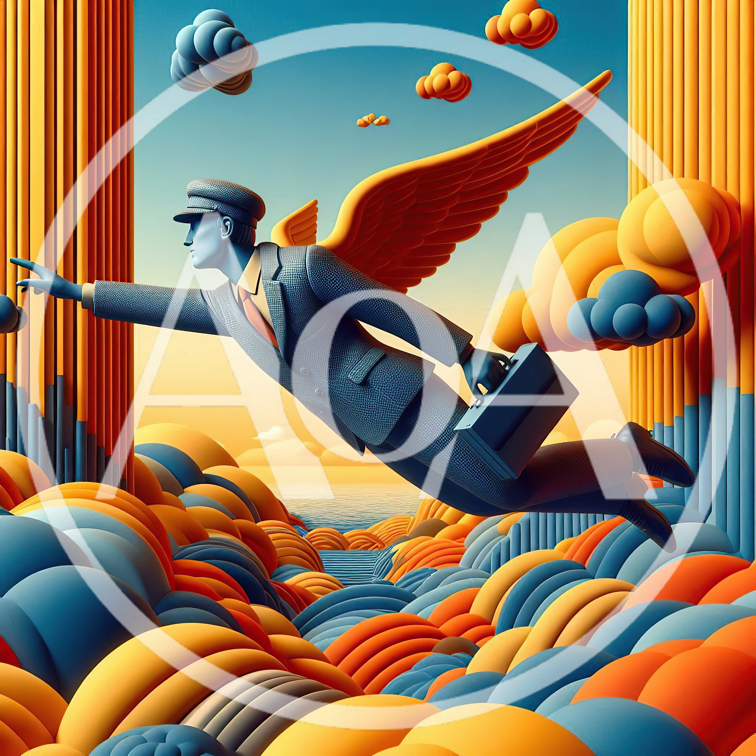 Surreal Businessman With Wings Flying Through Abstract Landscape