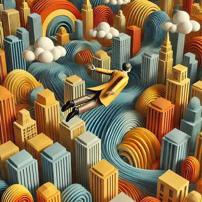 Surreal Businessman Flying Over A Stylized Paper City