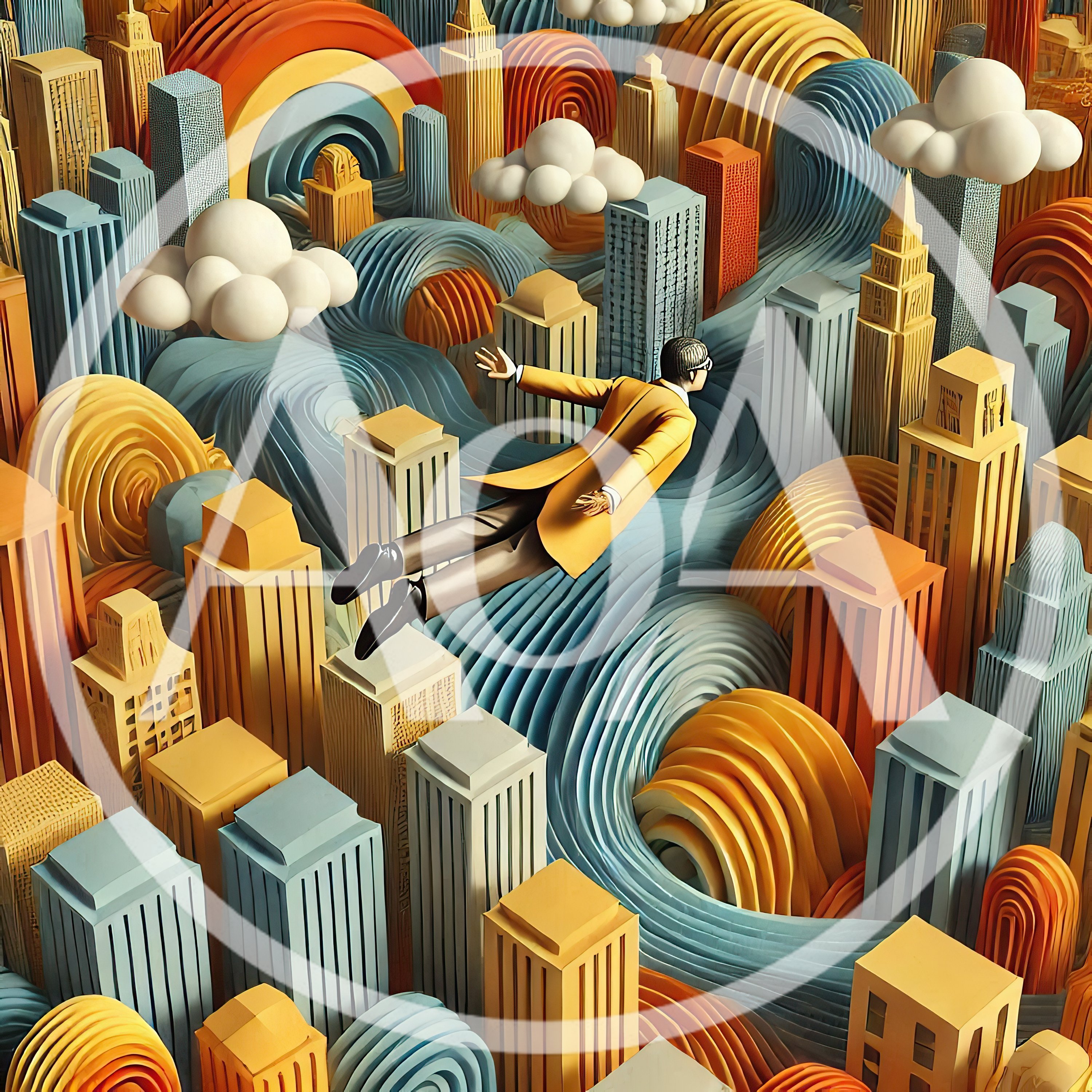 Surreal Businessman Flying Over A Stylized Paper City