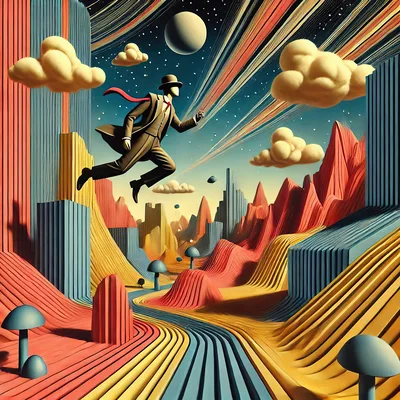 Surreal Faceless Man Flying Over Abstract Colorful Landscape