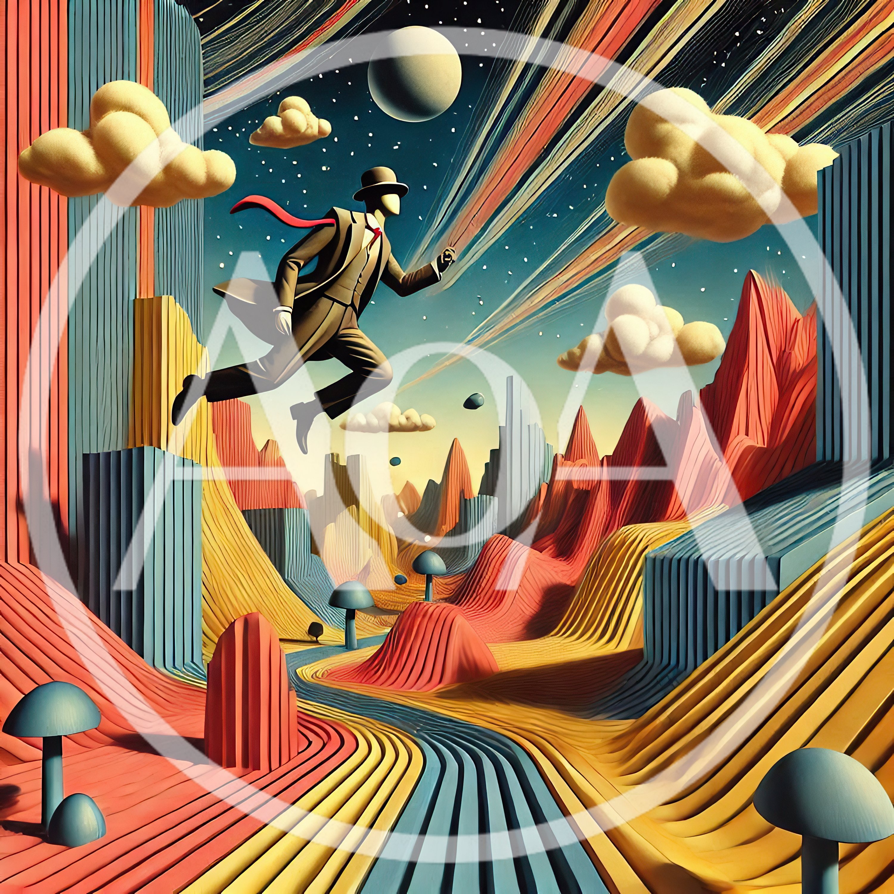 Surreal Faceless Man Flying Over Abstract Colorful Landscape