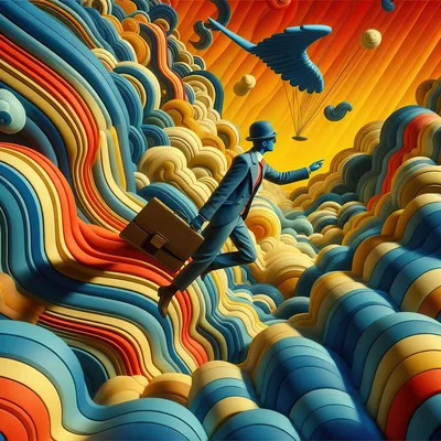 Surreal Businessman Flying Through Abstract Colorful Wavy Landscape
