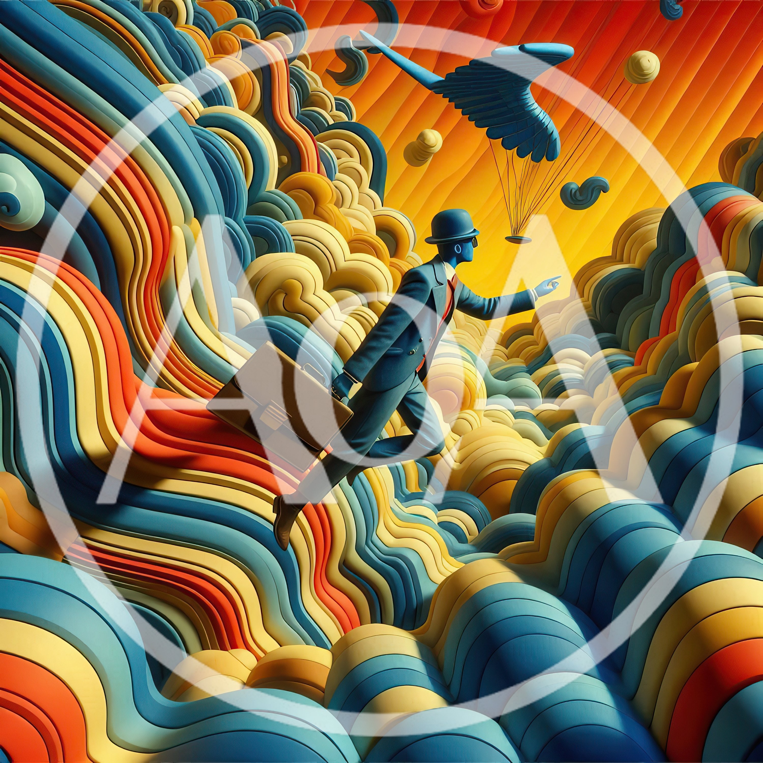 Surreal Businessman Flying Through Abstract Colorful Wavy Landscape