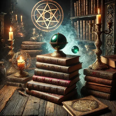 Mystical Alchemist Study With Glowing Orb And Books