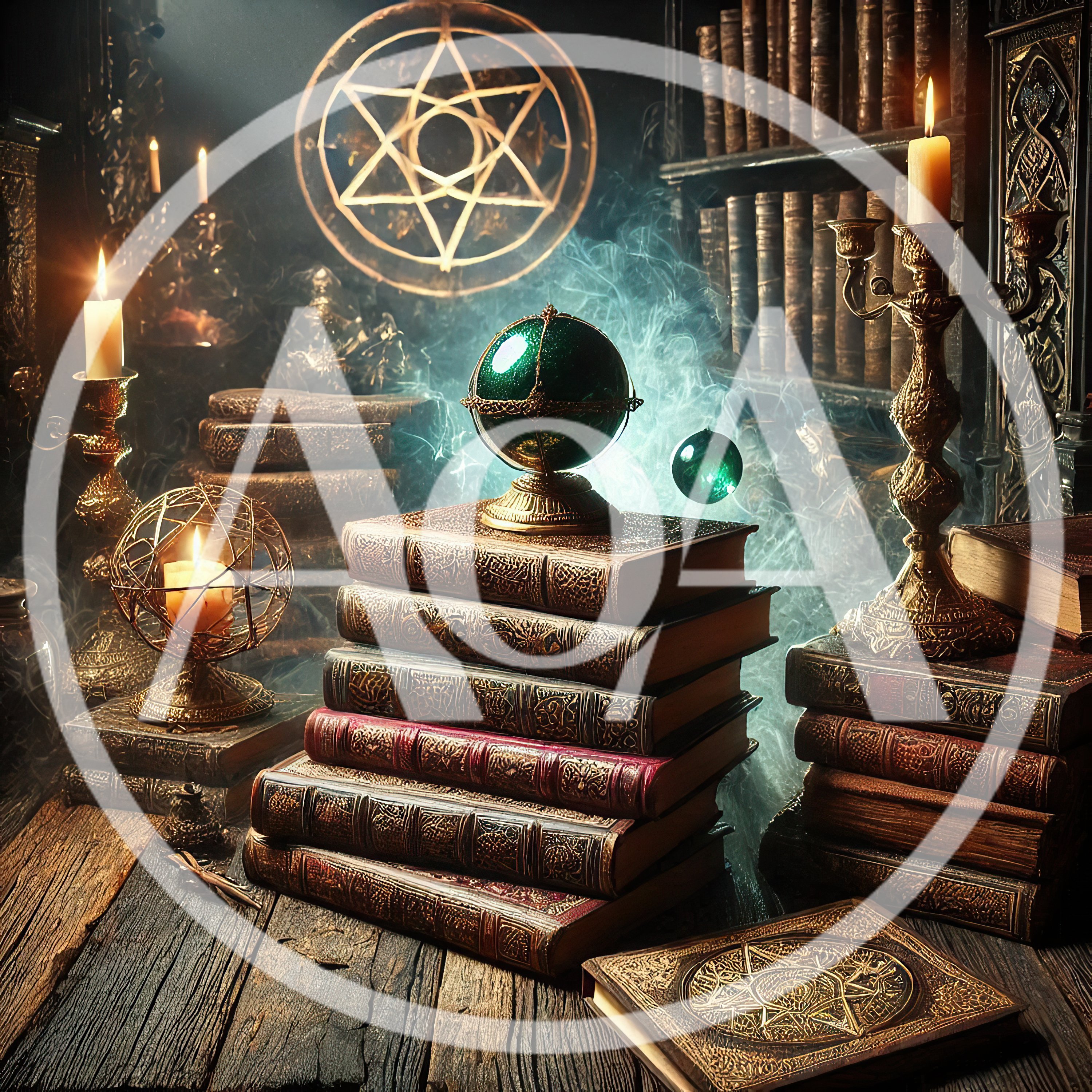 Mystical Alchemist Study With Glowing Orb And Books