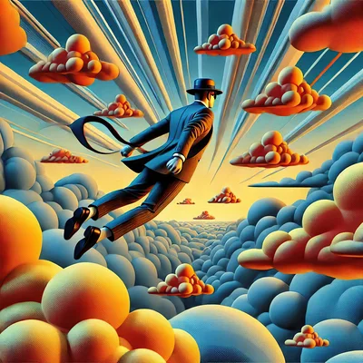 Surreal Businessman Flying Through A Dreamy Cloudscape