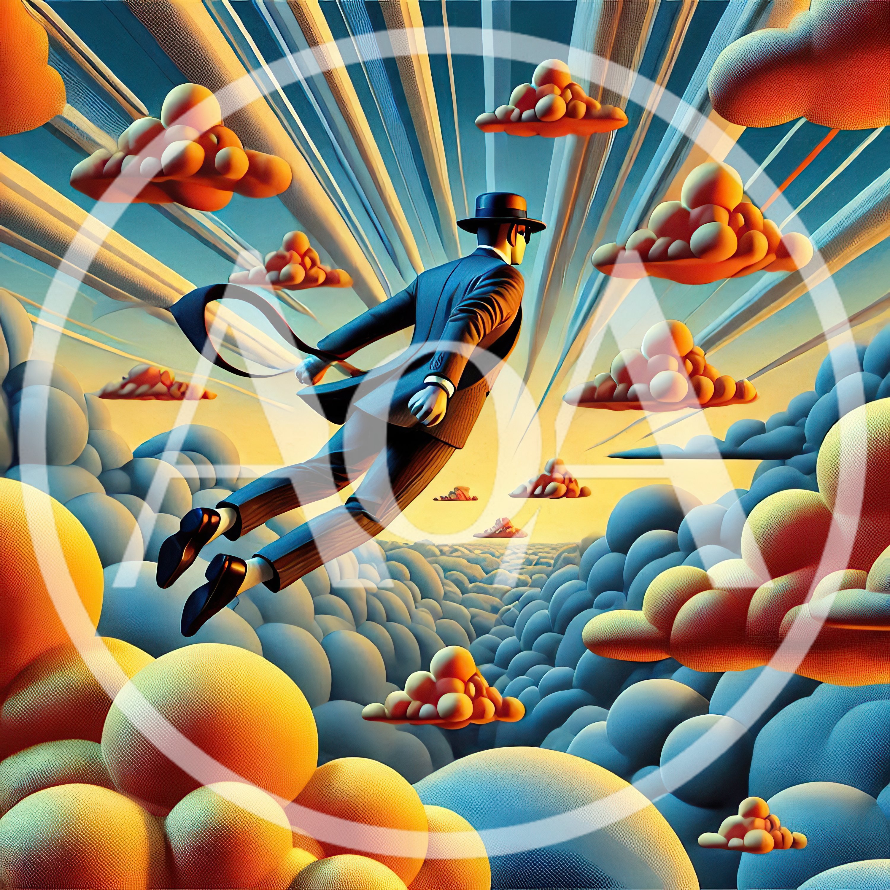 Surreal Businessman Flying Through A Dreamy Cloudscape