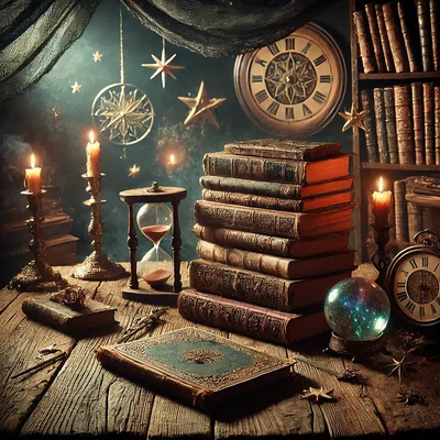Mystical Wizard Study With Ancient Books And Hourglass