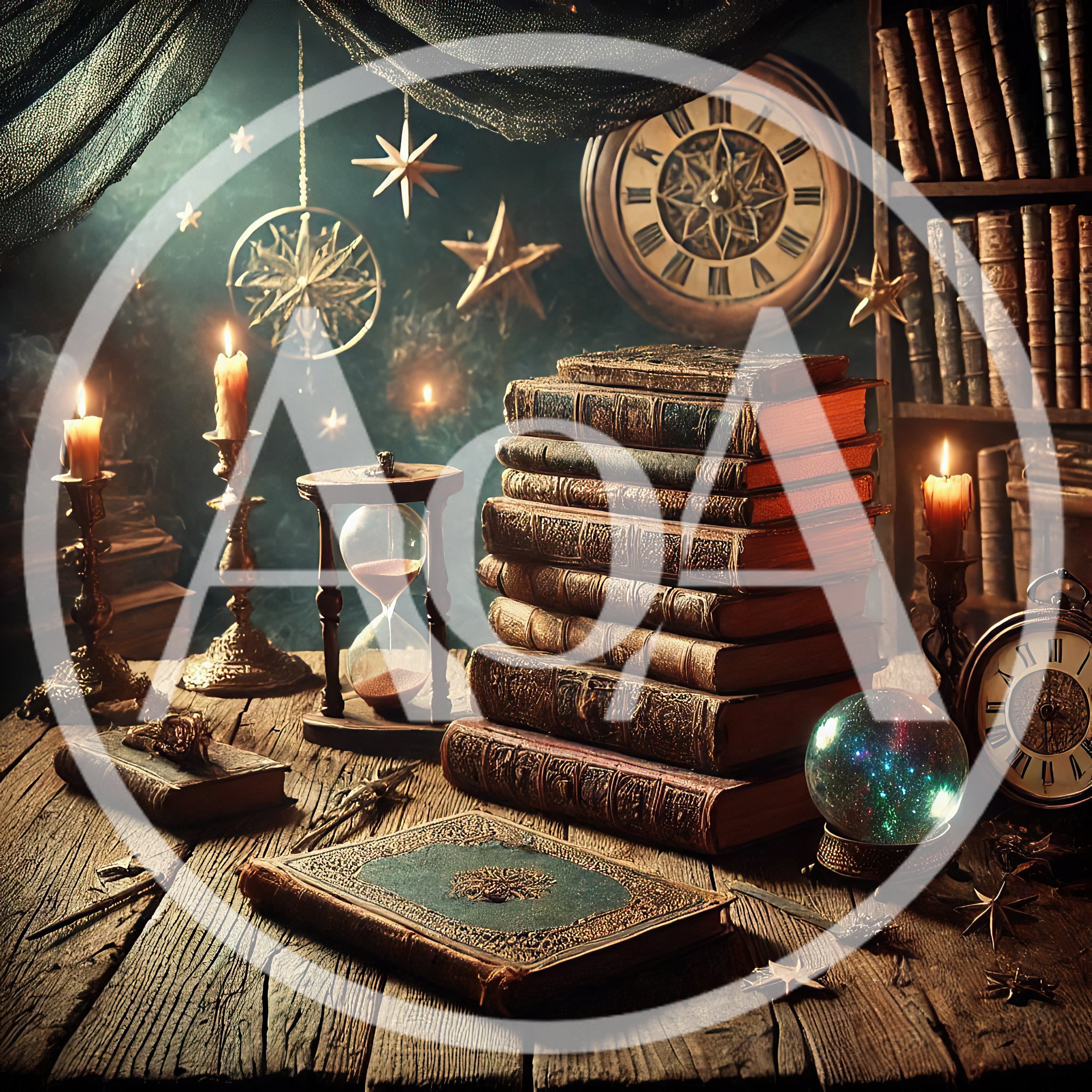 Mystical Wizard Study With Ancient Books And Hourglass