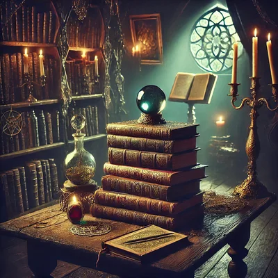 Crystal Ball And Ancient Books In A Wizard Study
