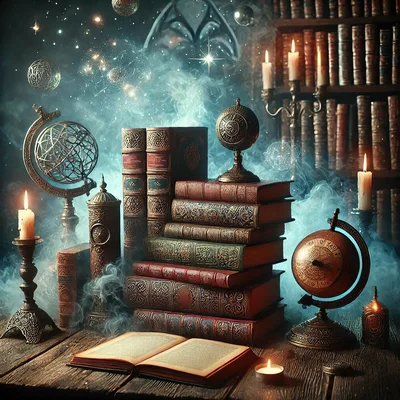 Magical Library Desk With Ancient Books And Globes