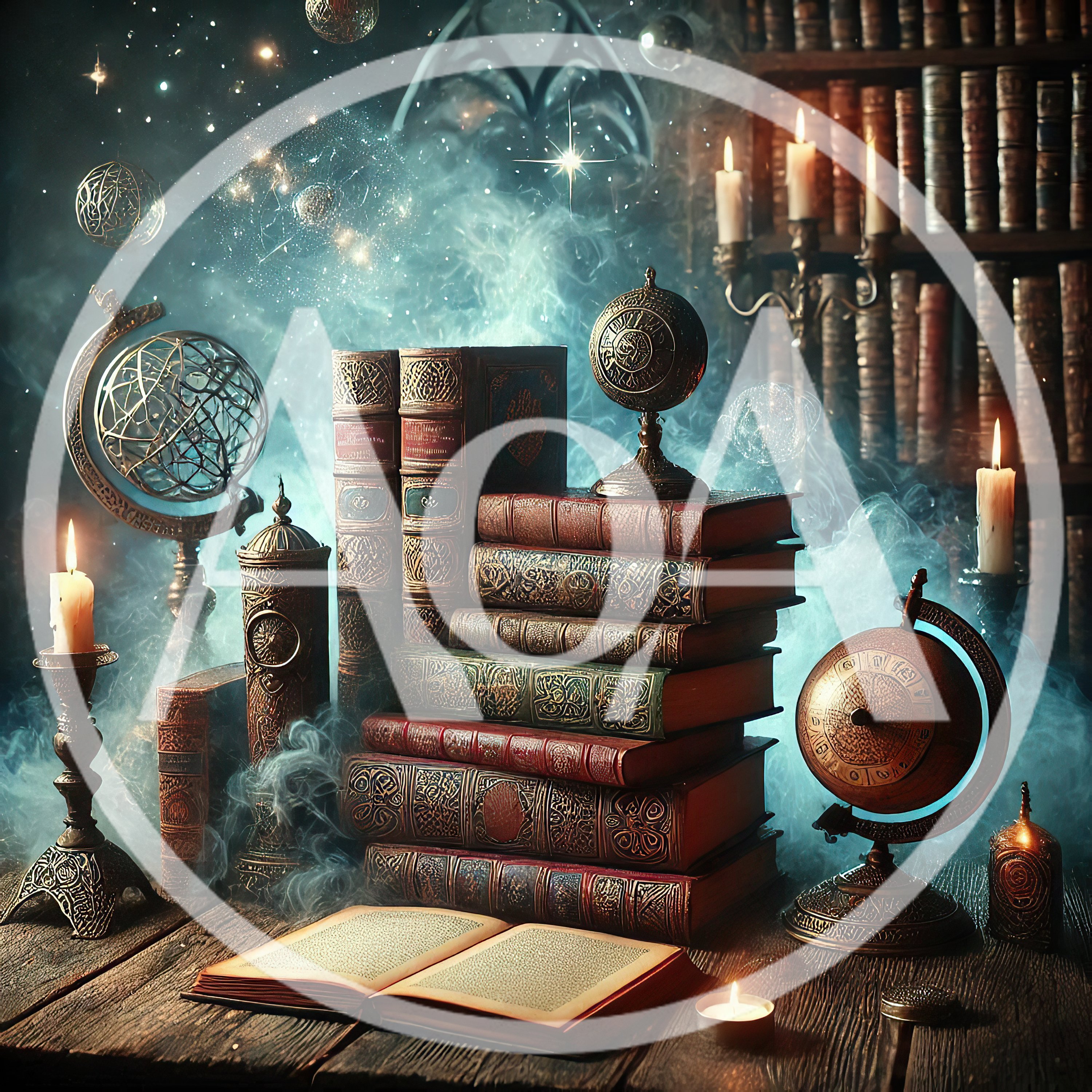 Magical Library Desk With Ancient Books And Globes