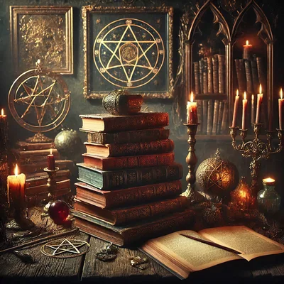 Mystical Occult Study With Ancient Books And Candles