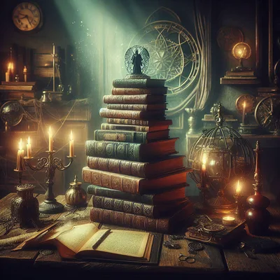 Mystical Stack Of Ancient Books In A Wizard Study