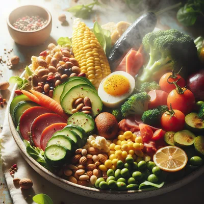 Healthy Balanced Salad Bowl With Fresh Vegetables And Nuts