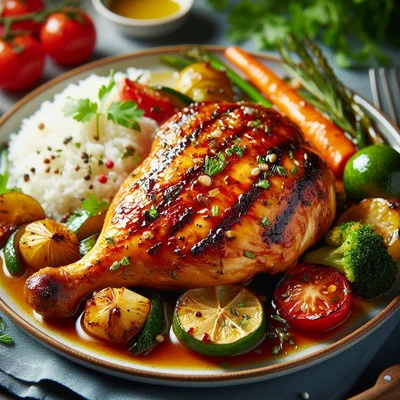 Grilled Chicken Leg With Rice And Roasted Vegetables