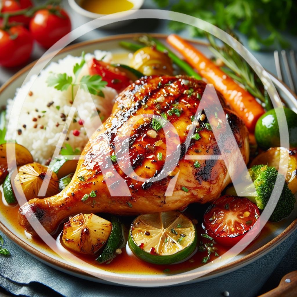 Grilled Chicken Leg With Rice And Roasted Vegetables