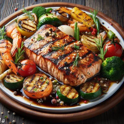 Grilled Salmon Fillet With Roasted Vegetables And Shrimp