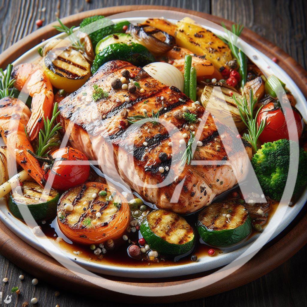 Grilled Salmon Fillet With Roasted Vegetables And Shrimp