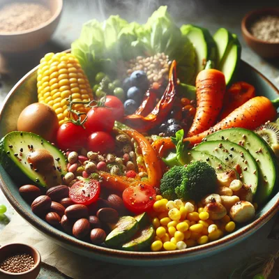 Fresh Steaming Vegetable Buddha Bowl With Grains
