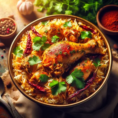 Bowl Of Spicy Chicken Biryani With Fresh Herbs