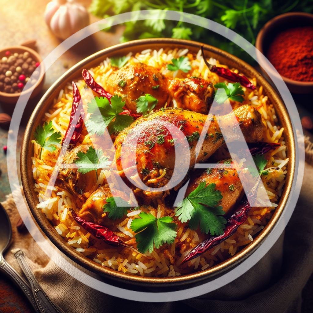 Bowl Of Spicy Chicken Biryani With Fresh Herbs