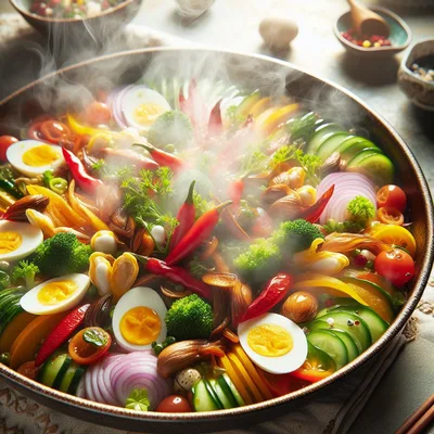Steaming Bowl Of Fresh Vegetable Salad With Boiled Eggs