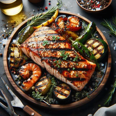 Grilled Salmon Fillet With Shrimp And Roasted Vegetables