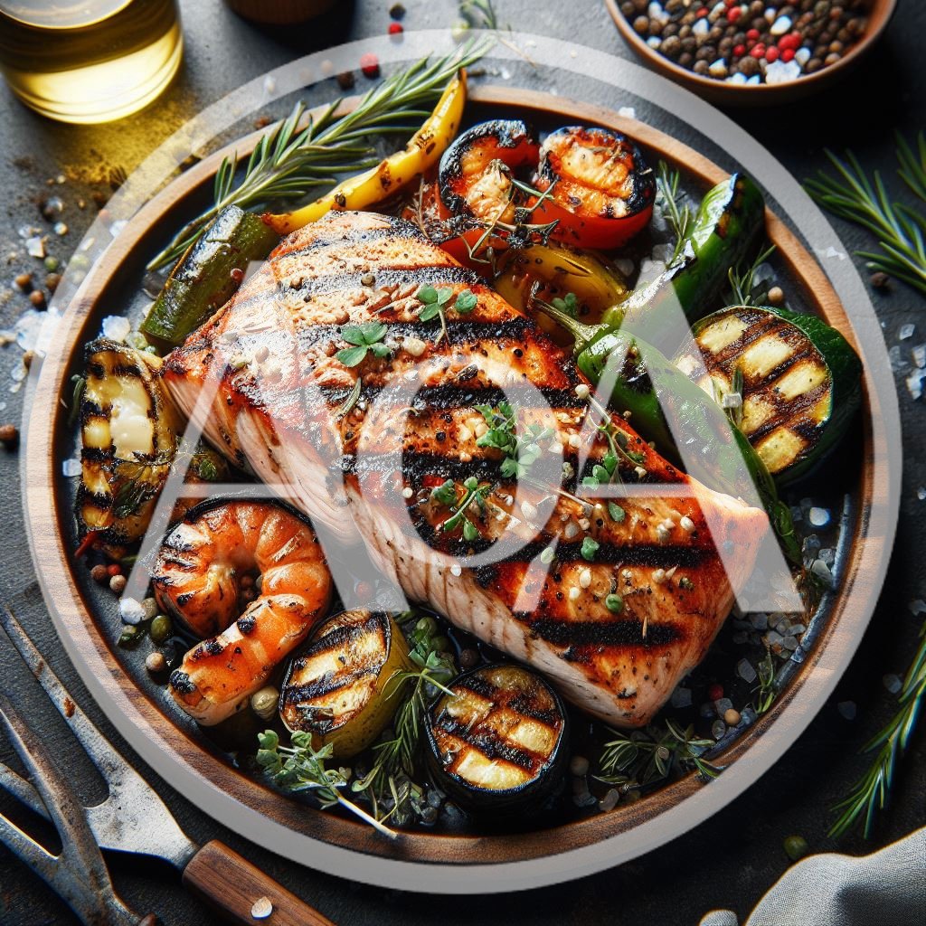 Grilled Salmon Fillet With Shrimp And Roasted Vegetables