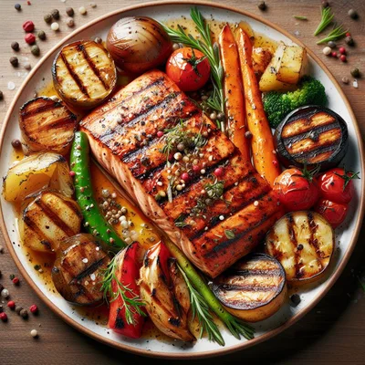 Grilled Salmon Fillet With Roasted Vegetables On Plate