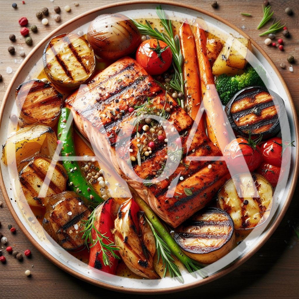 Grilled Salmon Fillet With Roasted Vegetables On Plate