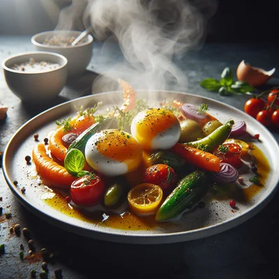 Steaming Plate Of Poached Eggs With Roasted Vegetables