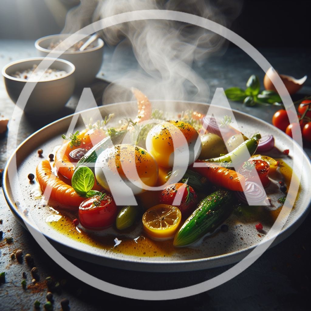 Steaming Plate Of Poached Eggs With Roasted Vegetables