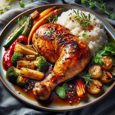 Roasted Chicken Leg With Vegetables And Rice