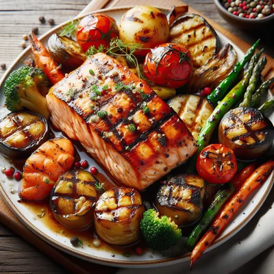 Grilled Salmon Fillet With Roasted Vegetables On Plate