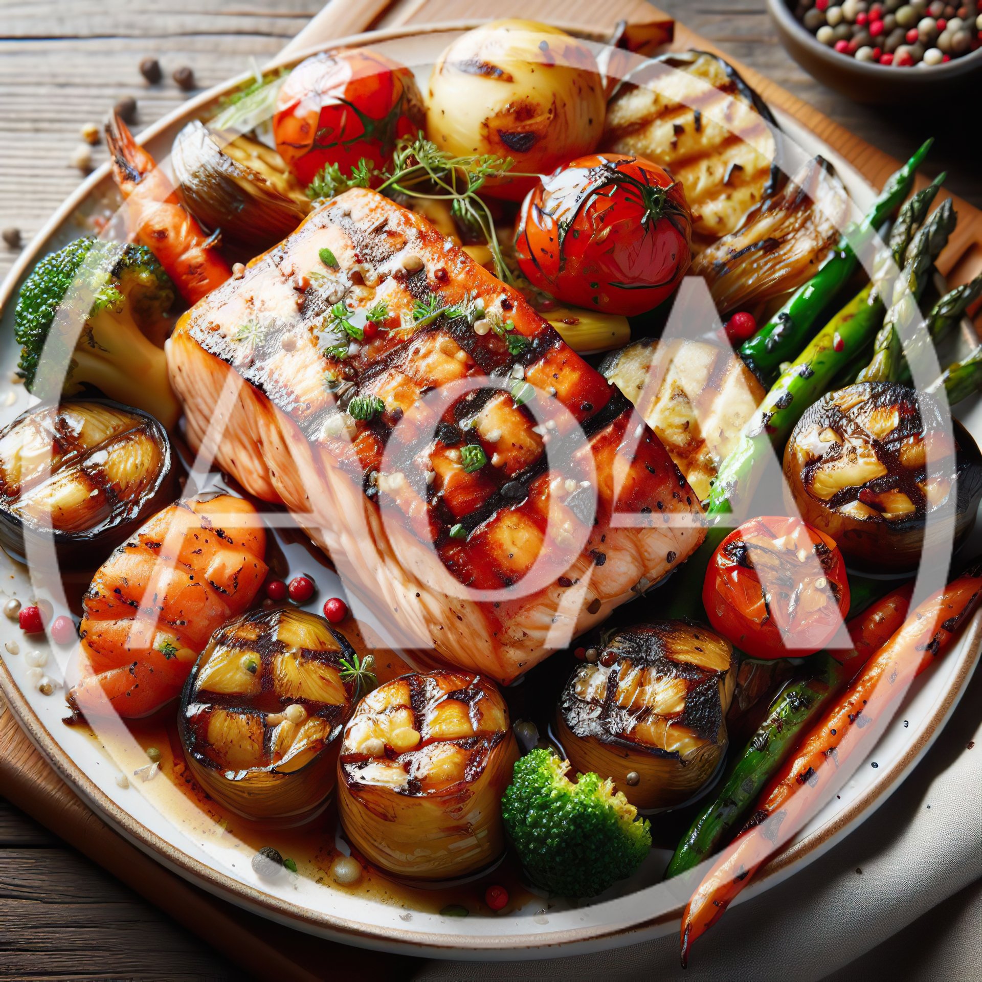 Grilled Salmon Fillet With Roasted Vegetables On Plate