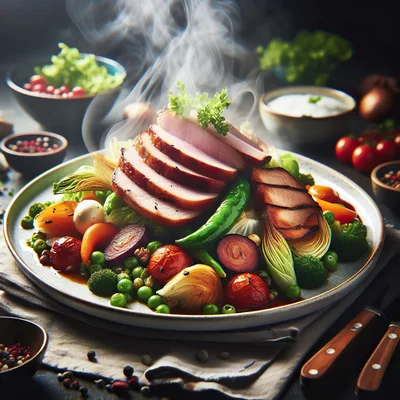 Steaming Sliced Roasted Pork With Fresh Vegetables