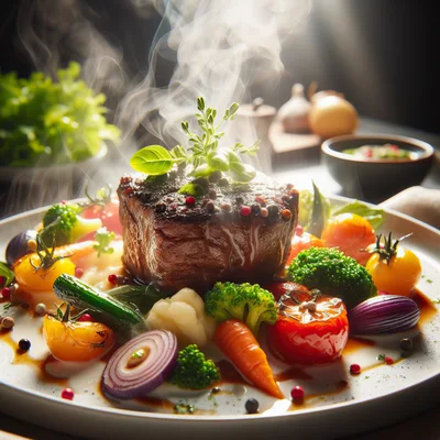 Steaming Gourmet Beef Steak With Roasted Vegetables
