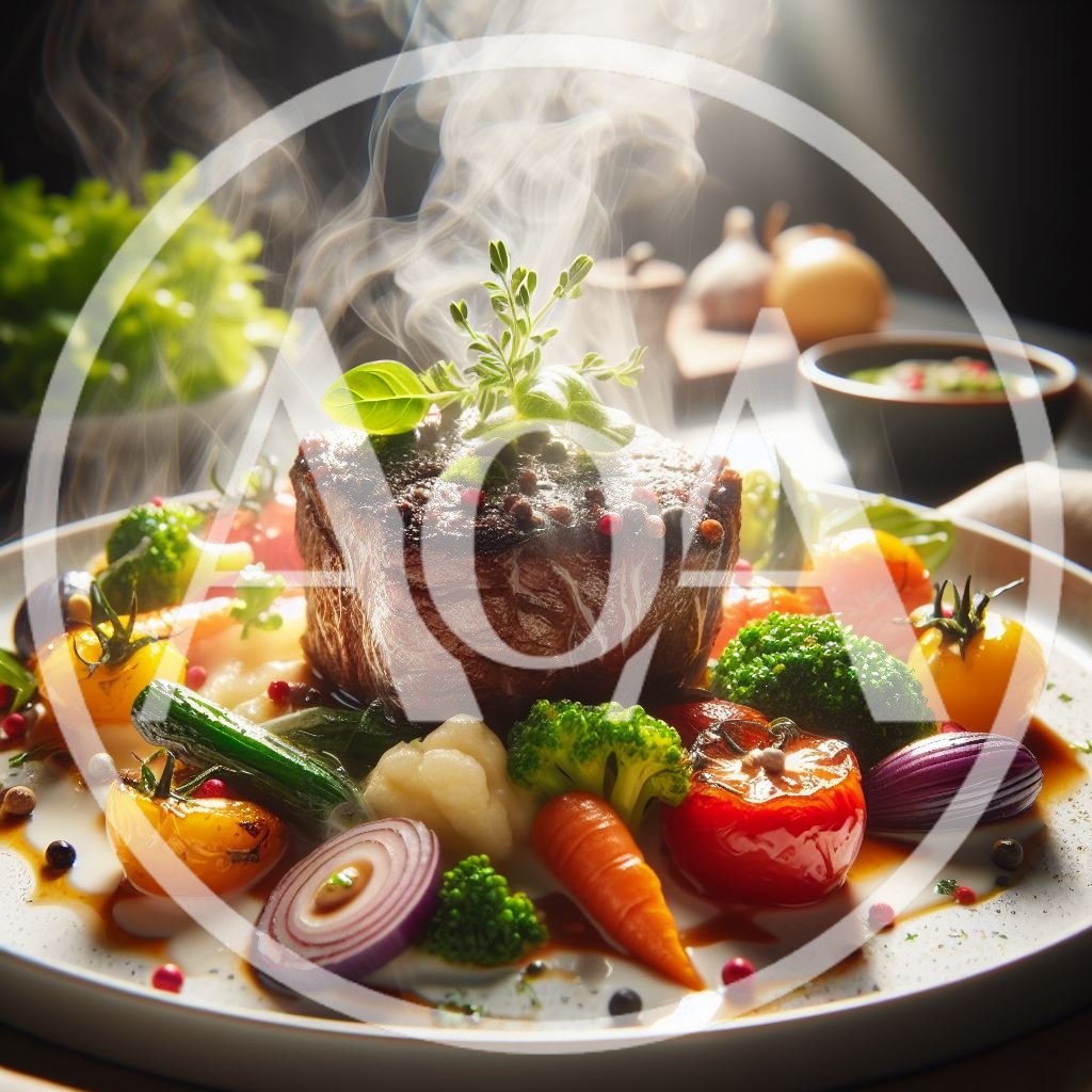 Steaming Gourmet Beef Steak With Roasted Vegetables