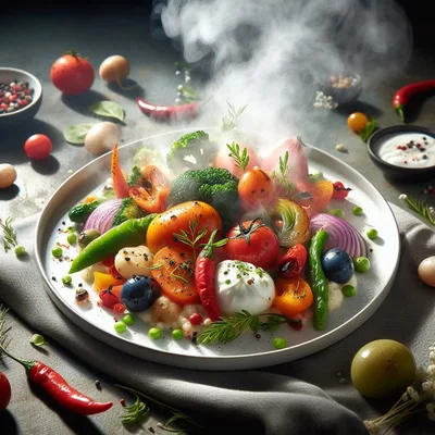 Steaming Plate of Fresh Roasted Vegetables and Burrata