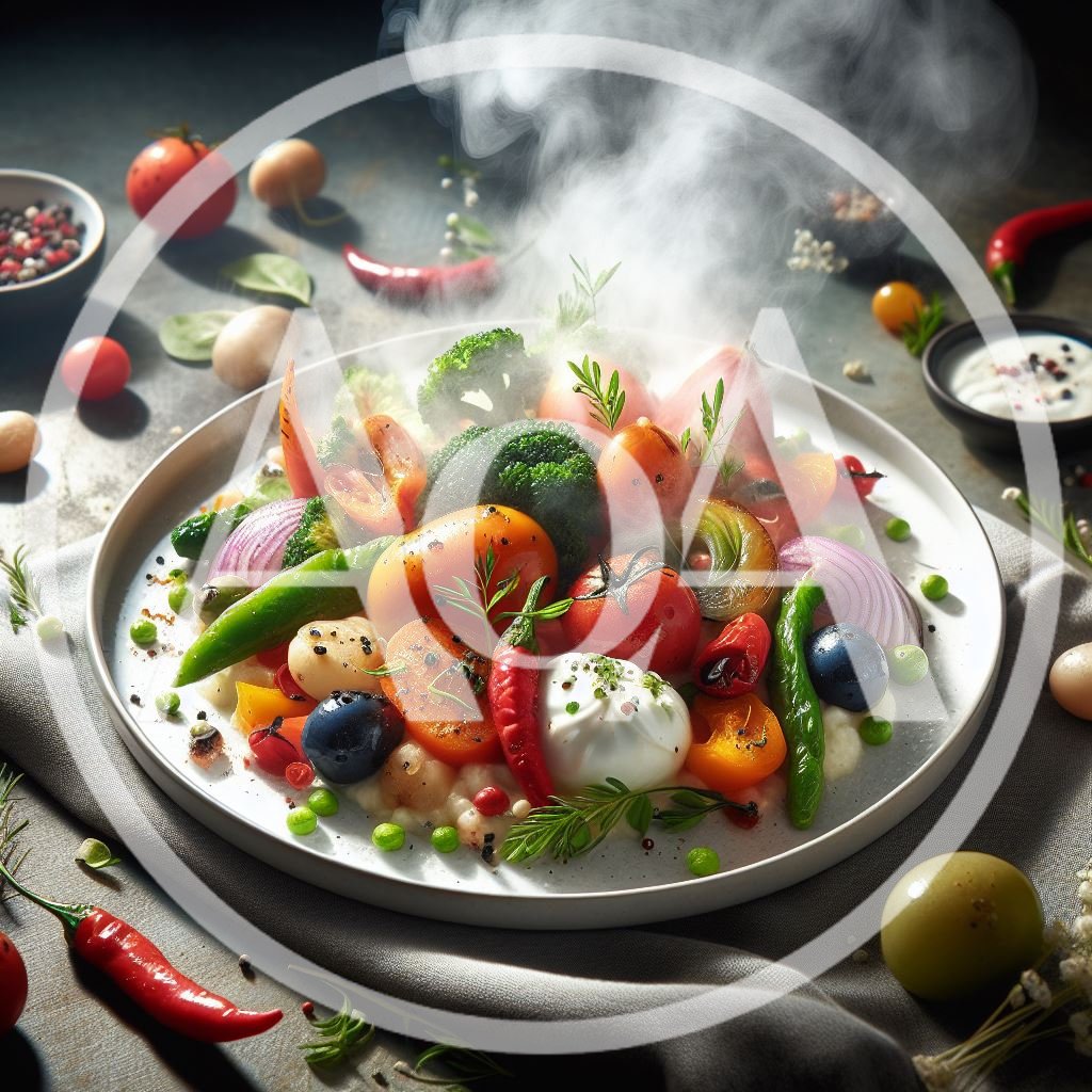 Steaming Plate of Fresh Roasted Vegetables and Burrata