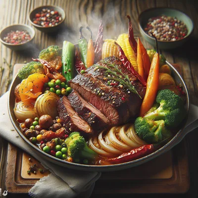 Gourmet Roasted Beef With Vegetables On A Platter