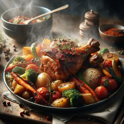 Roasted Pork Shank With Vegetables On A Platter