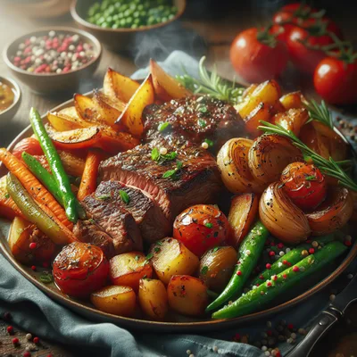 Gourmet Roasted Steak With Vegetables On A Platter