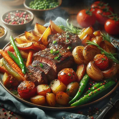 Gourmet Steak Dinner With Roasted Vegetables And Herbs
