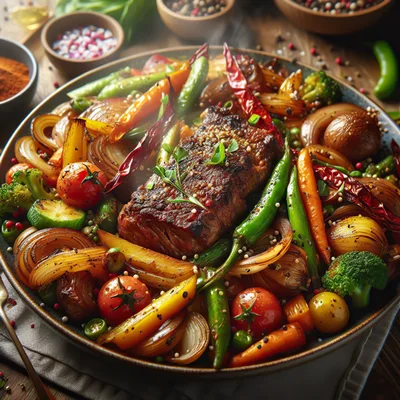 Grilled Steak With Roasted Vegetables On A Platter