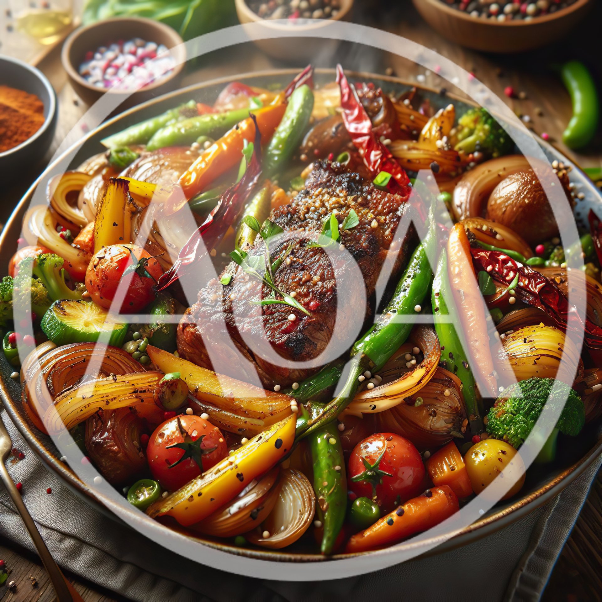 Grilled Steak With Roasted Vegetables On A Platter